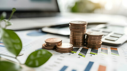 Poster - Stacked coins on financial documents with a calculator and laptop in a bright workspace