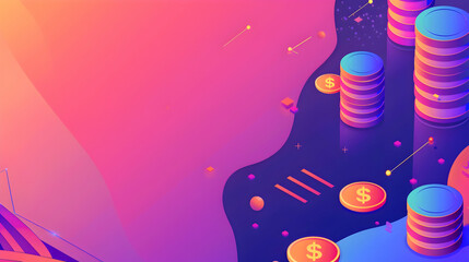 Poster - Abstract digital landscape featuring colorful stacks of coins and geometric shapes against a gradient backdrop