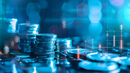 Poster - Close-up of stacked coins with digital financial graphs and blurred lights in the background