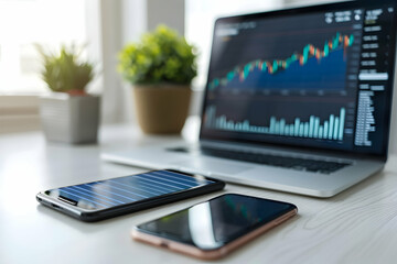 Poster - Modern workspace with laptops and smartphones displaying financial data and greenery