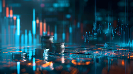 Poster - Stacks of coins on a digital trading platform with fluctuating market graphs in the background