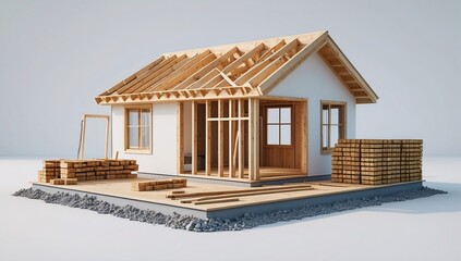 Construction of a new home using wood framing techniques, showcasing building materials and the structural elements of a residential project