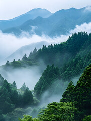 Aufkleber - Majestic Mountain Range with Lush Green Forests and Misty Clouds in Serene Landscape : Generative AI