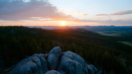 Poster - Tranquil Sunset Over Expansive Forest Landscape with Dramatic Horizon and Evening Glow : Generative AI