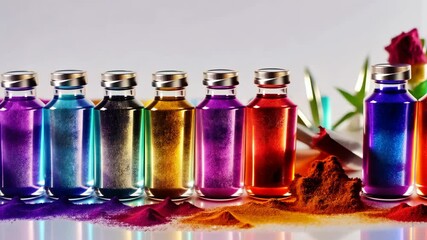 Poster - A row of colorful bottles with different colored liquids inside. The bottles are lined up next to each other