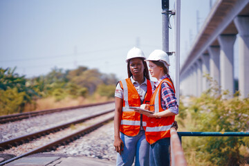 Black and White female Rail transportation engineers in safety vest and hardhat check the construction structure of the railway track while holding tablet Standing beside railway.