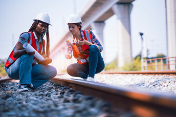 Black and White female Rail transportation engineers in safety vest and hardhat check the  construction structure of the railway track while holding walkie-talkie and train route blueprint