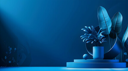 Poster - Blue-toned still life featuring abstract plant arrangement on circular podium with soft lighting