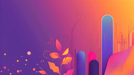 Poster - Colorful abstract design featuring vibrant shapes and plant elements against a gradient background