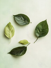 Poster - Collection of fresh green leaves arranged on light green background for botanical nature and wellness : Generative AI