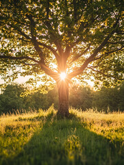 Poster - Sunset Rays Through Tree in Peaceful Meadow Capturing Serene Nature Beauty : Generative AI
