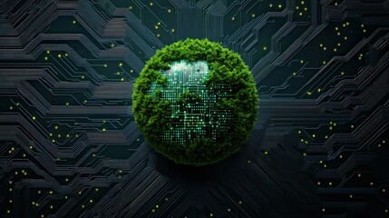 Aufkleber - Green Technology Concept Lush Green Sphere with Circuit Board Pattern Digital Nature Sustainable Innovation