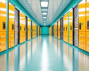 Fototapete - Modern Data Center Storage Corridor Yellow Cabinets Teal Walls High Tech Server Room Interior