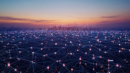 Fototapete - Global Network Connection Smart City at Sunset Digital Technology and Communication Network
