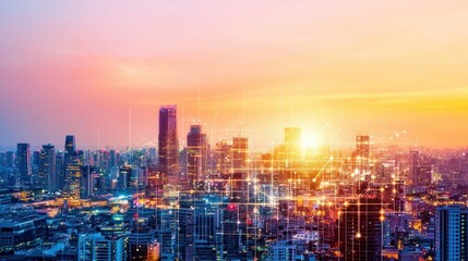 Poster - Vibrant Cityscape at Sunset Digital Network Connections Modern Urban Skyline