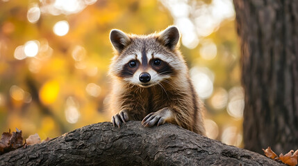 Poster - Adorable Raccoon Posing on a Tree in Bright Autumn Forest : Generative AI