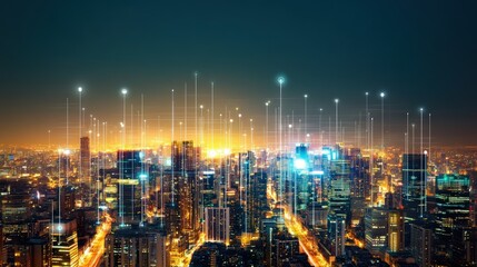 Poster - Night cityscape illuminated showcasing digital network connections above buildings smart city technology