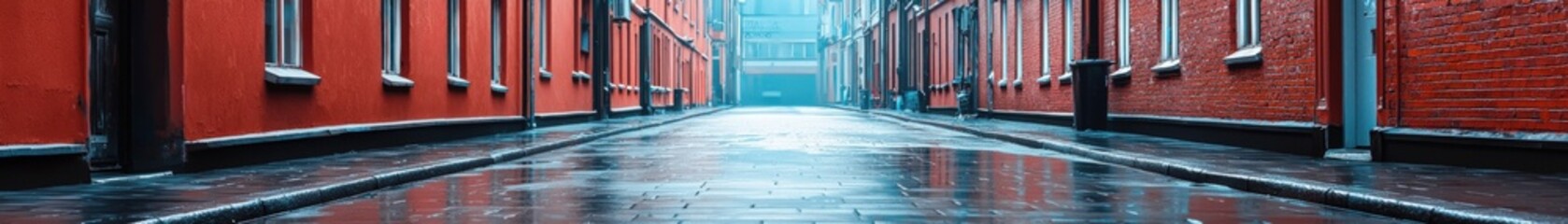 Aufkleber - narrow alleyway with red walls and wet pavement in urban setting