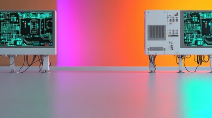 Aufkleber - Futuristic Electronic Devices with Neon Glow in Modern Interior Setting