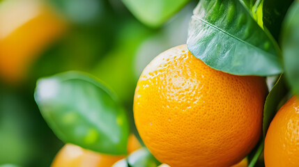 Poster - Vivid Close Up of Fresh Ripe Oranges on a Lush Green Tree : Generative AI