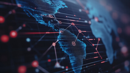 Poster - Digital World Connections: The digital map of the world pulsates with a web of interconnected networks, representing the flow of data, information, and global connectivity.