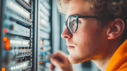 Poster - Tech Expert: A focused young man with glasses meticulously examines a network server rack, demonstrating expertise in technology. This image captures the essence of innovation, data management.
