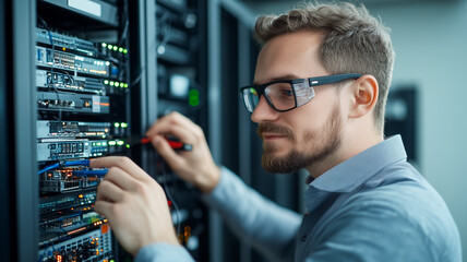 Poster - Network Engineer: A focused network engineer with protective eyewear meticulously manages data servers. Capturing precision and expertise, showcasing his dedication in the heart of the server room.