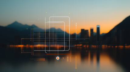 Poster - cityscape of dreams: a digital concept of smart phone in front of a city in sunset. it capture a ser