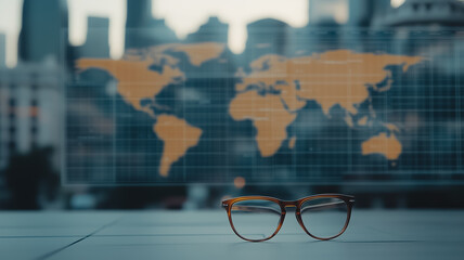 Poster - Vision of a Global Perspective: Eyeglasses sit in the foreground with the world map overlayed in a cityscape, representing ideas such as exploration, connection, technology, and expansion. 