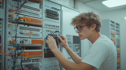 Poster - Young Engineer at Server Rack: A focused young man, dressed casually, meticulously inspects and adjusts the intricate network of wires and connections within a server rack.