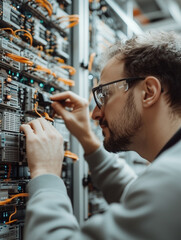Poster - Network Technician: A focused technician, wearing protective glasses, meticulously works on a complex server setup, highlighting the intricate world of data management and technological expertise.