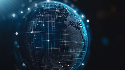 Poster - Global Network: A glowing, digitized globe with interconnected nodes against a dark background, representing global connectivity, data flow, and technological advancement. 