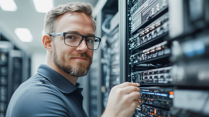 Poster - IT Technician at Work: A focused IT technician, with a friendly smile, meticulously services server hardware in a modern data center.