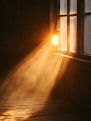 Poster - Warm and Atmospheric Light Streaming Through a Window in a Rustic Room : Generative AI