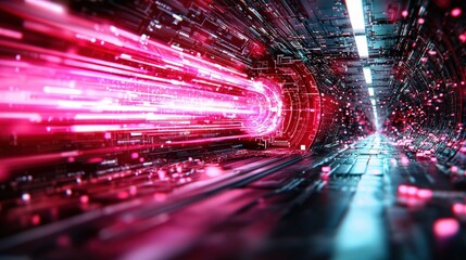 Leinwandbilder - Futuristic Digital Tunnel with Vibrant Red Light and Particles Flowing