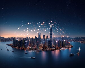 Fototapete - Night View of Modern City Skyline with Illuminated Network Connections Over Water