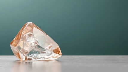Poster - Clear Glass Ice Cube Shaped Object on White Surface Against Teal Background A Stunning Abstract Still Life