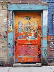 Poster - Vibrant Graffiti Covered Colorful Doorway in Urban Back Alley : Generative AI