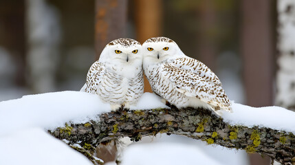 Poster - Snowy Owls Perched on Winter Branch in Serene Forest Setting : Generative AI