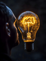 Aufkleber - Man Facing Glowing Light Bulb with Creative Conceptual Energy : Generative AI