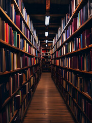 Poster - Cozy Library Aisle with Wooden Bookshelves and Assorted Literature Collection : Generative AI