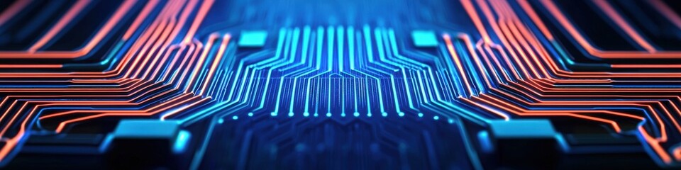Fototapete - Abstract Futuristic Circuit Board Technology Background Digital Network Orange Blue Lines