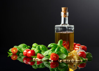 Poster - Ingredients for making Pesto sauce with tomatoes.