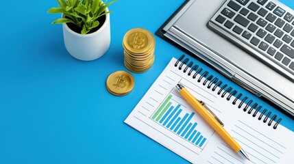 Poster - desk with laptop money plant financial analytics and documents