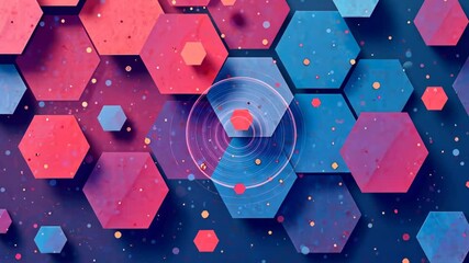 Poster - A blue and pink background with many small squares. The squares are in different sizes