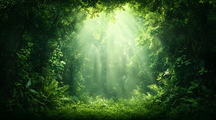 Poster - Serene and lush forest landscape with sunlight filtering through the tall verdant trees creating a peaceful and tranquil atmosphere  Copy space available for text overlay
