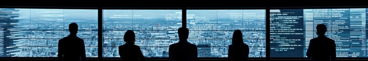 Fototapete - Business Meeting in Modern Office with Data Displays and City View