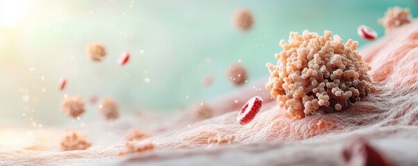 Poster - Microscopic view of a cell cluster with red blood cells nearby a detailed 3D rendering of cellular activity