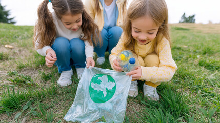 young female volunteers cleaning park, gathering discarded plastic waste while promoting environment