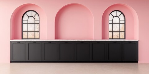 Aufkleber - Elegant minimalist kitchen design with pink walls and arched windows